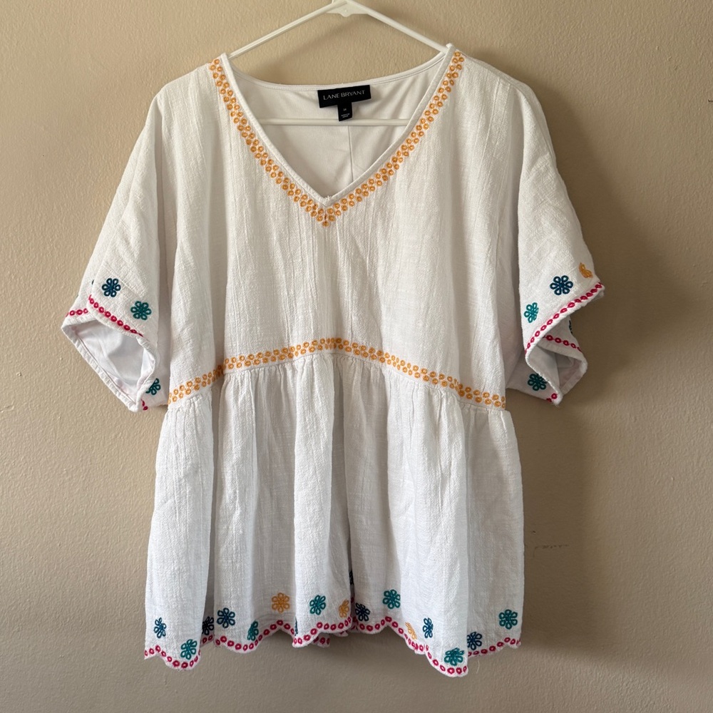 Lane Bryant White Embroidered Cotton Blouse Boho Chic Peasant Top size 14